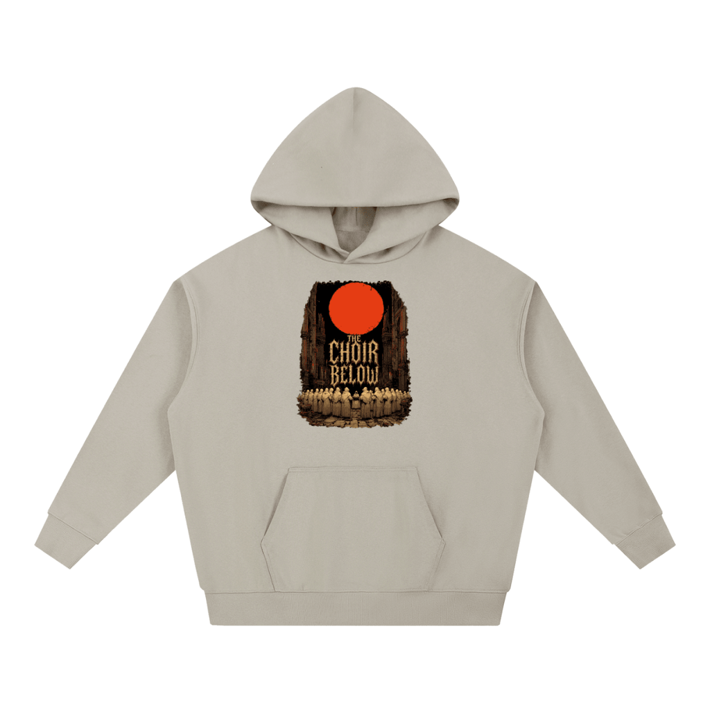 Gray beige heavyweight hoodie, front view with hooded figures beneath a red moon and The Choir Below lettering.