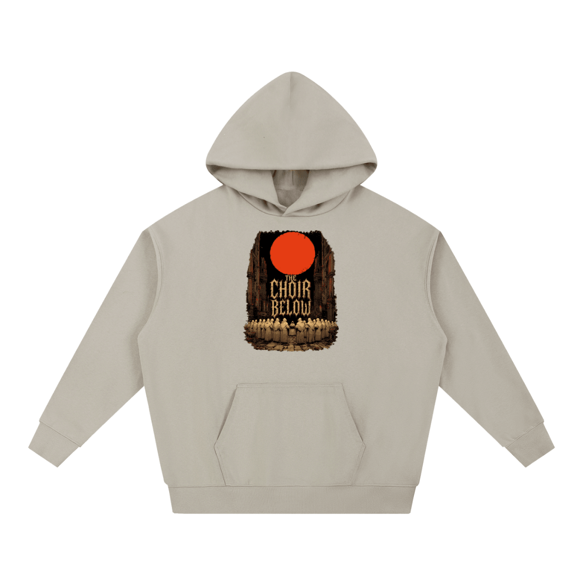 Gray beige heavyweight hoodie, front view with hooded figures beneath a red moon and The Choir Below lettering.