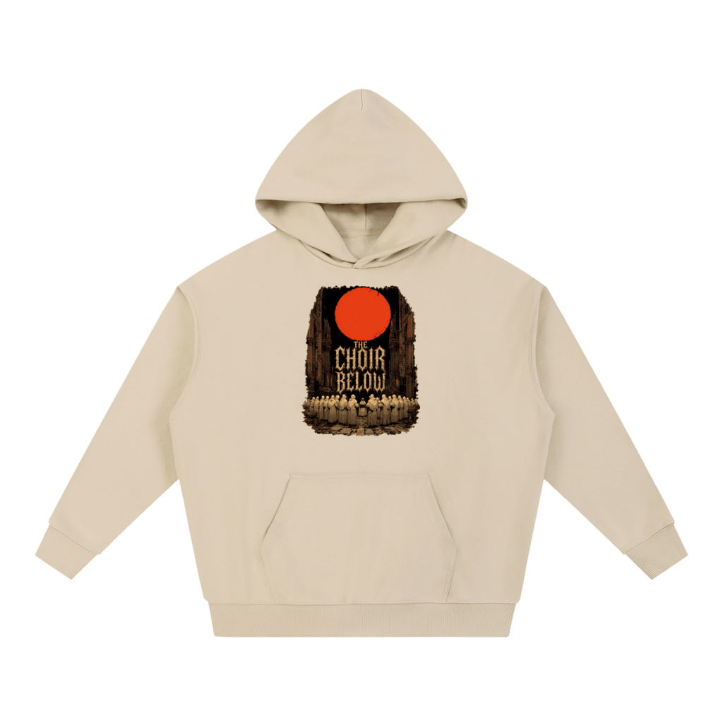 Sand heavyweight hoodie, front view with hooded figures beneath a red moon and The Choir Below lettering.