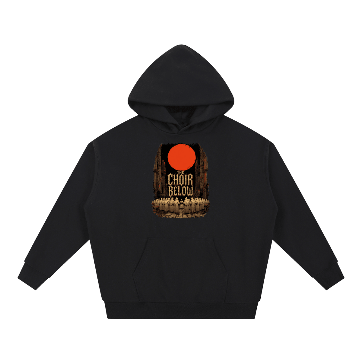 Black heavyweight hoodie, front view with hooded figures beneath a red moon and The Choir Below lettering.