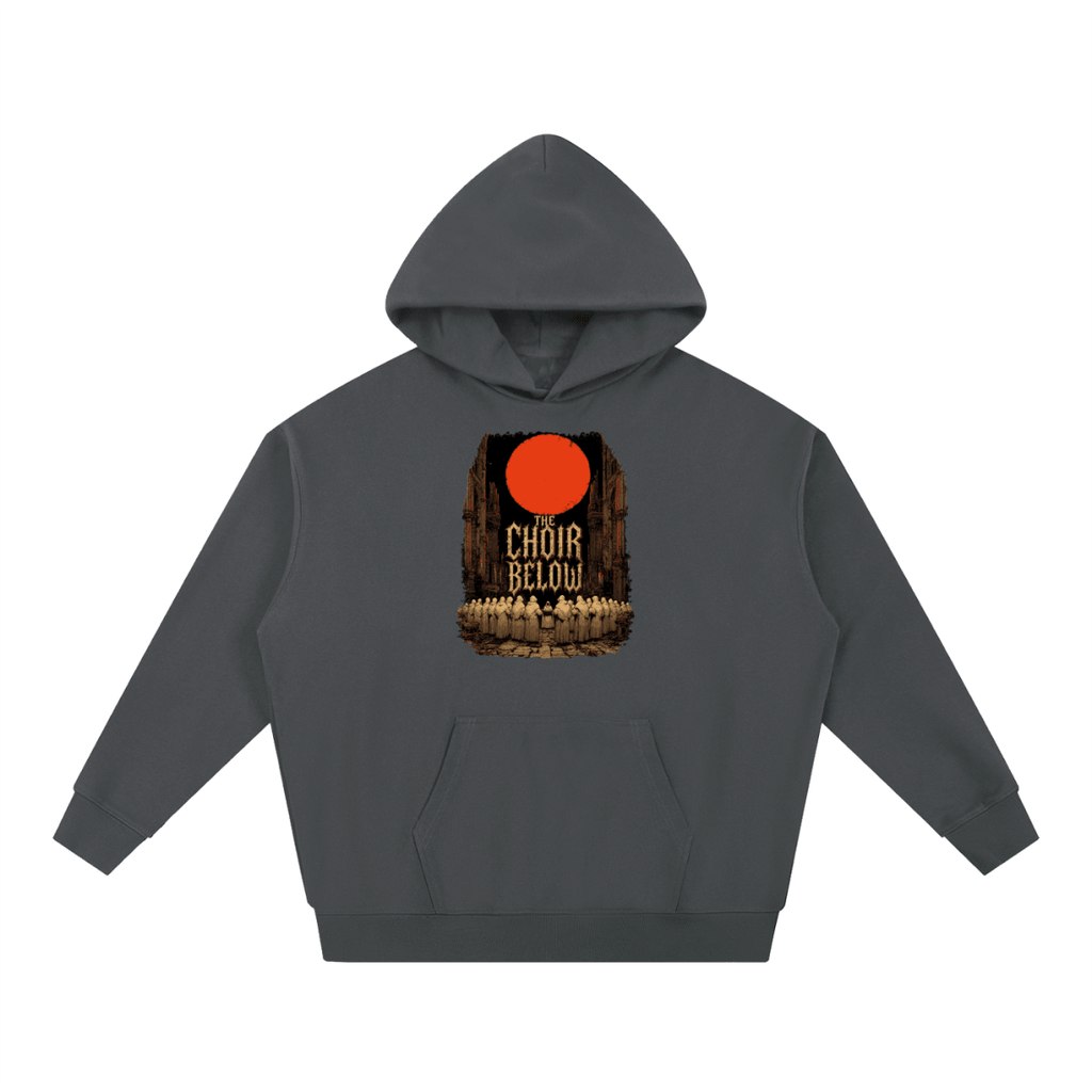 Charcoal heavyweight hoodie, front view with hooded figures beneath a red moon and The Choir Below lettering.