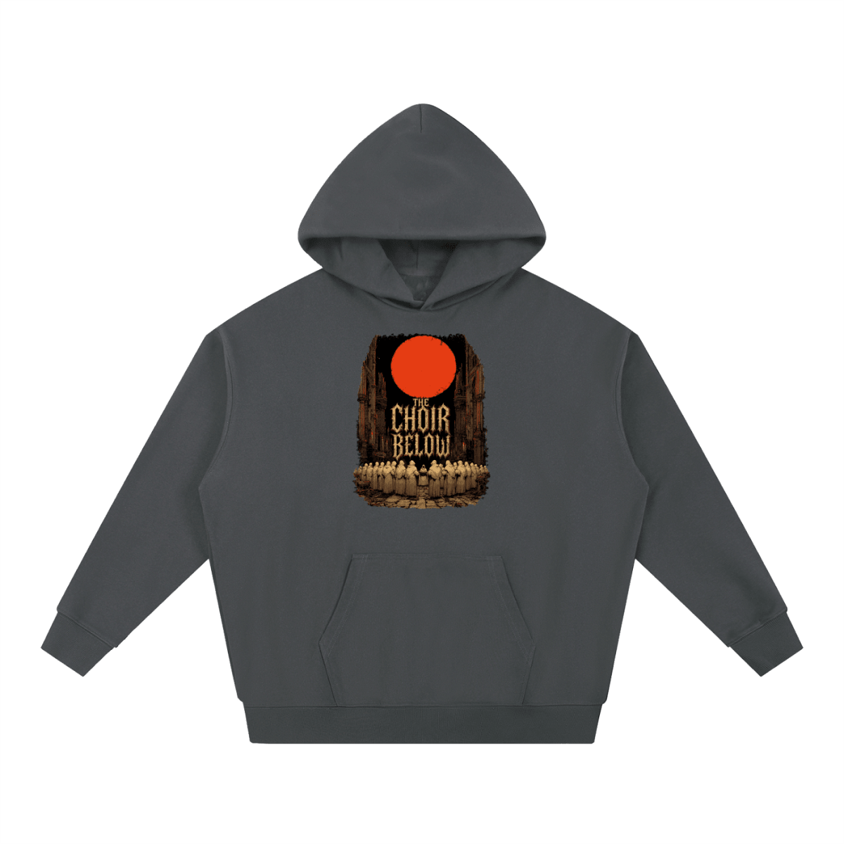 Charcoal heavyweight hoodie, front view with hooded figures beneath a red moon and The Choir Below lettering.