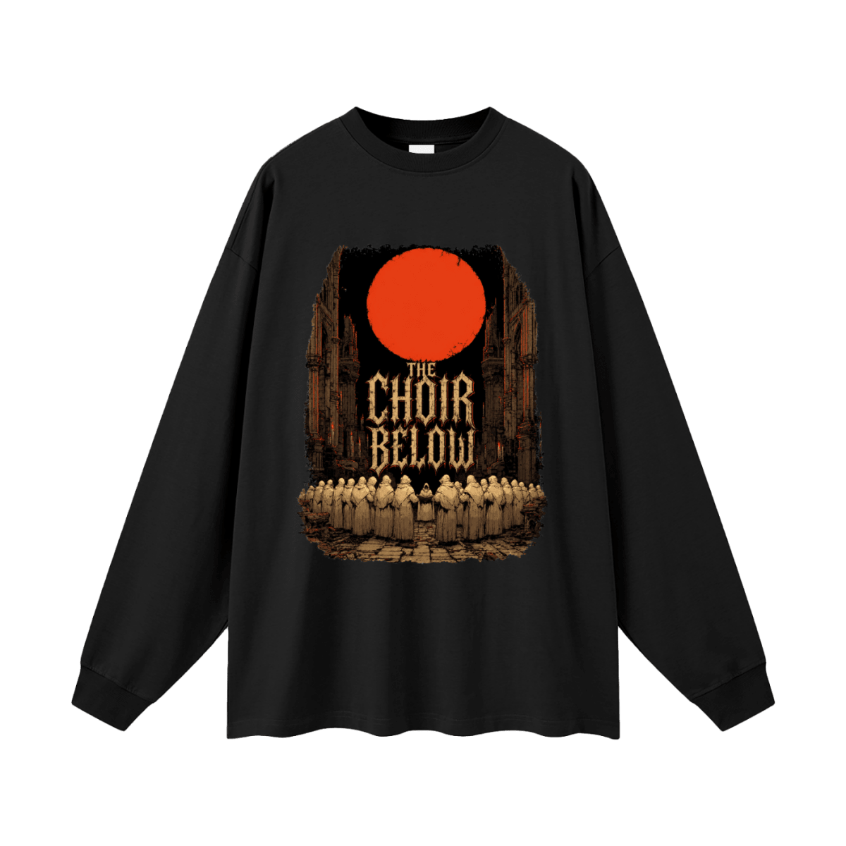 Black oversized long-sleeve T-shirt, front view with hooded figures beneath a red moon and The Choir Below lettering.