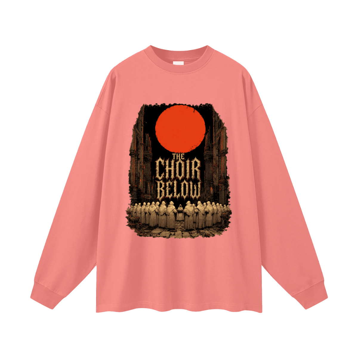 Coral pink oversized long-sleeve T-shirt, front view with hooded figures beneath a red moon and The Choir Below lettering.