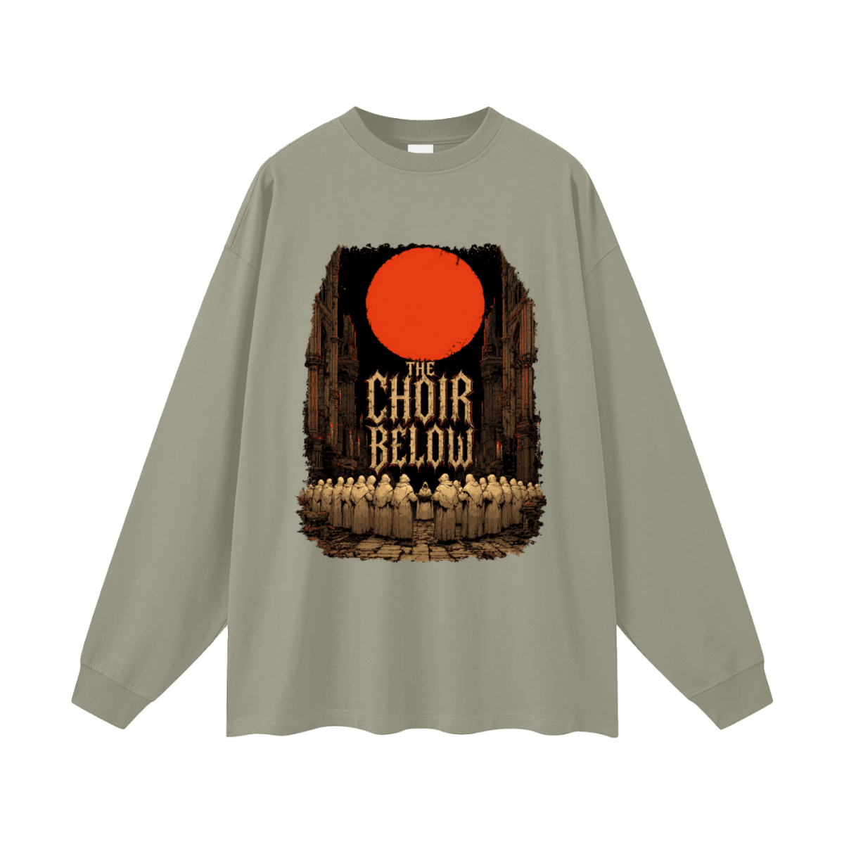 Sage green oversized long-sleeve T-shirt, front view with hooded figures beneath a red moon and The Choir Below lettering.