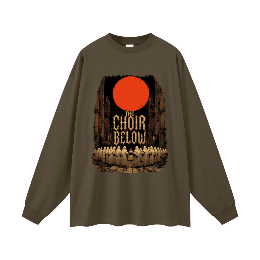 Dark brown oversized long-sleeve T-shirt, front view with hooded figures beneath a red moon and The Choir Below lettering.