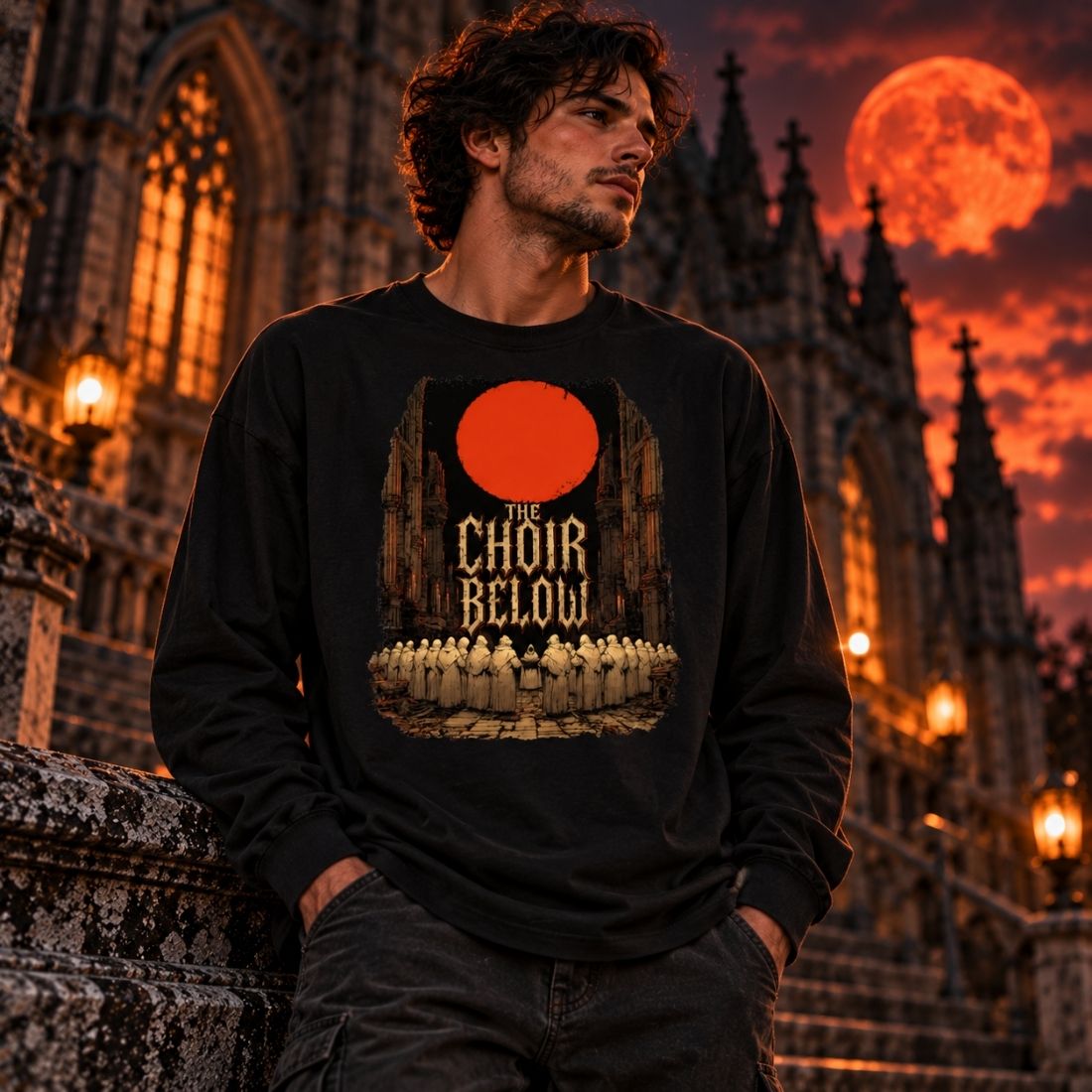 Model wearing a black The Choir Below long-sleeve T-shirt beside a Gothic building with an orange moon behind.