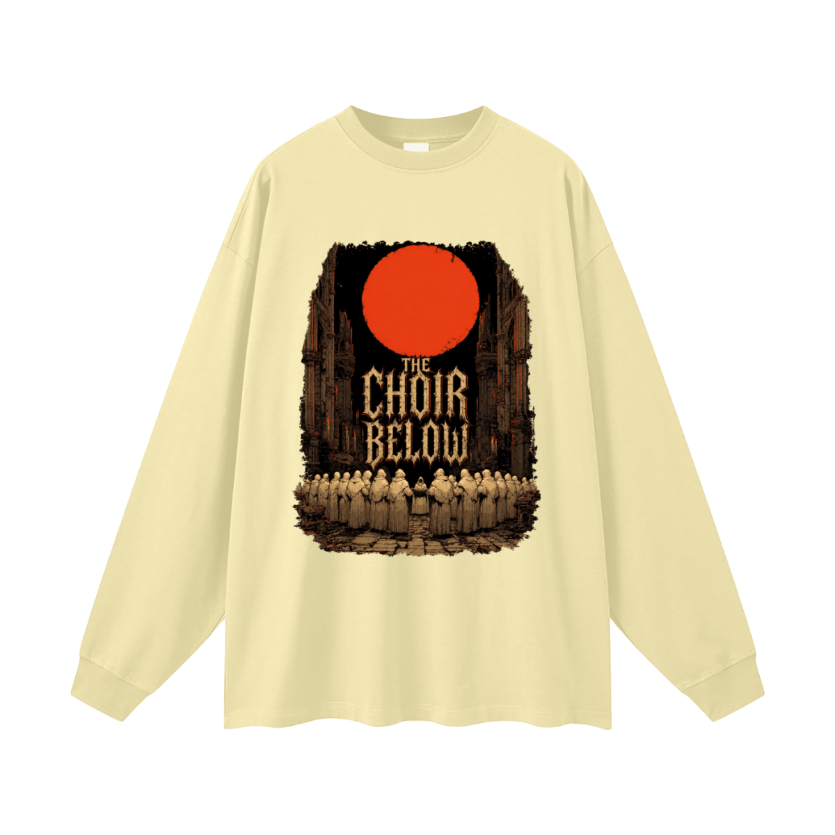 Pale yellow oversized long-sleeve T-shirt, front view with hooded figures beneath a red moon and The Choir Below lettering.