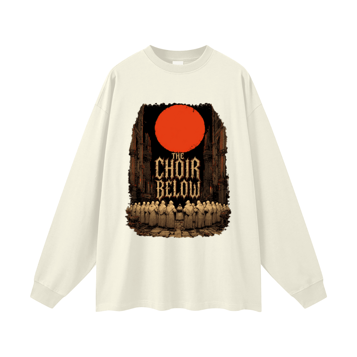 Ivory oversized long-sleeve T-shirt, front view with hooded figures beneath a red moon and The Choir Below lettering.