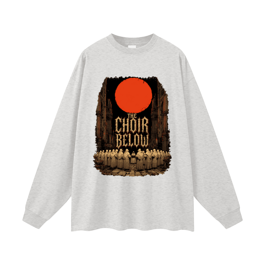 Heather gray oversized long-sleeve T-shirt, front view with hooded figures beneath a red moon and The Choir Below lettering.