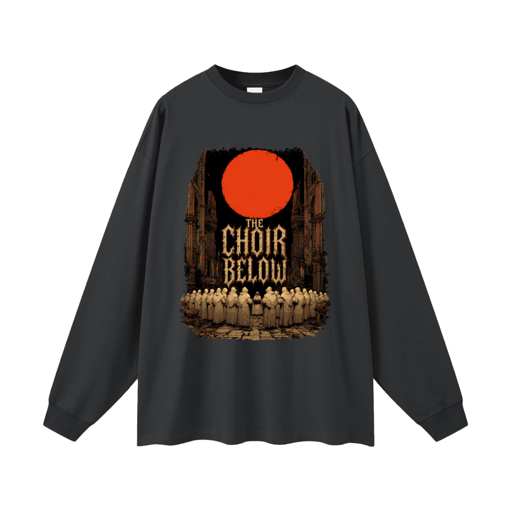 Charcoal oversized long-sleeve T-shirt, front view with hooded figures beneath a red moon and The Choir Below lettering.
