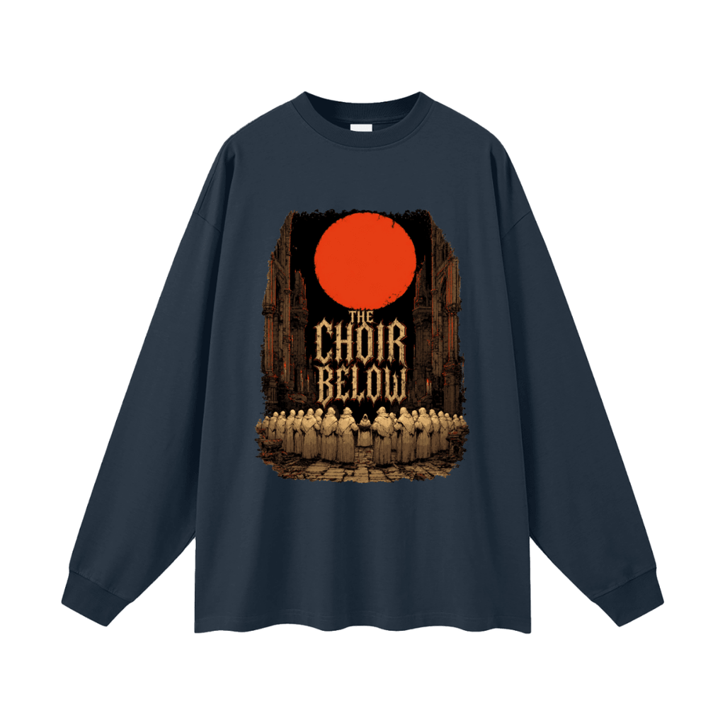 Navy blue oversized long-sleeve T-shirt, front view with hooded figures beneath a red moon and The Choir Below lettering.