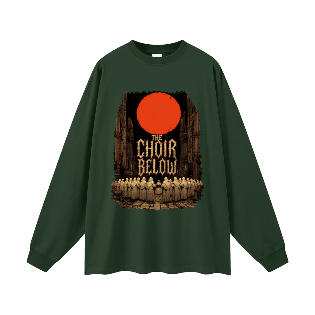 Forest green oversized long-sleeve T-shirt, front view with hooded figures beneath a red moon and The Choir Below lettering.