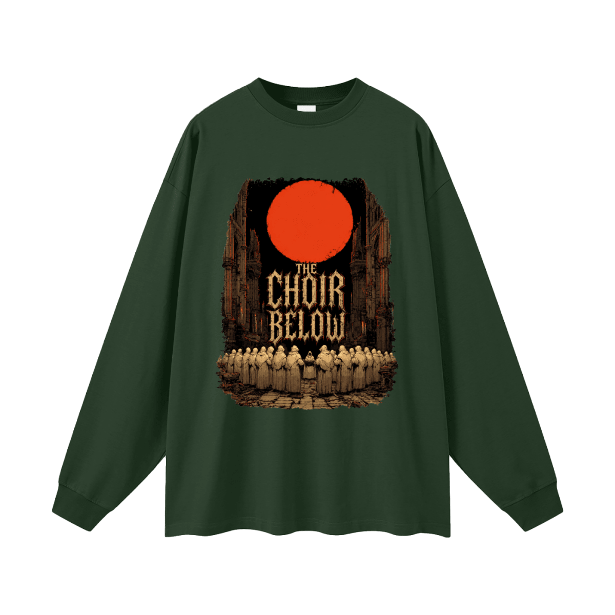 Forest green oversized long-sleeve T-shirt, front view with hooded figures beneath a red moon and The Choir Below lettering.