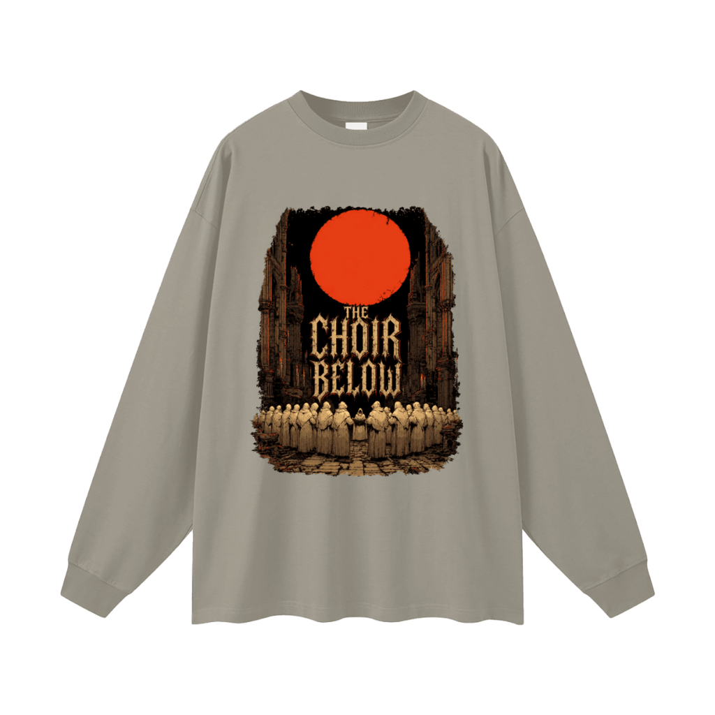 Gray oversized long-sleeve T-shirt, front view with hooded figures beneath a red moon and The Choir Below lettering.
