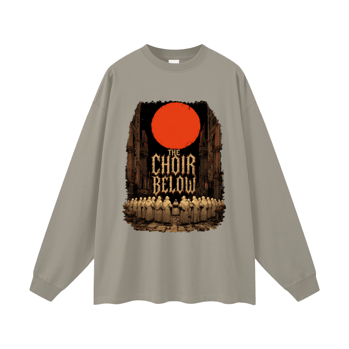 Gray oversized long-sleeve T-shirt, front view with hooded figures beneath a red moon and The Choir Below lettering.