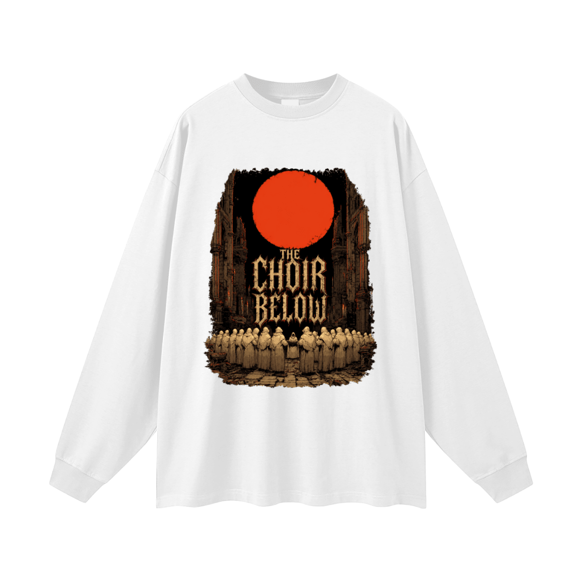White oversized long-sleeve T-shirt, front view with hooded figures beneath a red moon and The Choir Below lettering.
