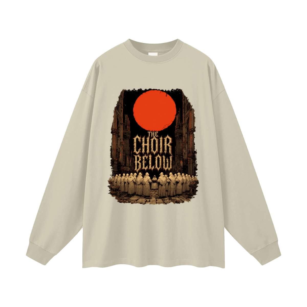 Beige oversized long-sleeve T-shirt, front view with hooded figures beneath a red moon and The Choir Below lettering.