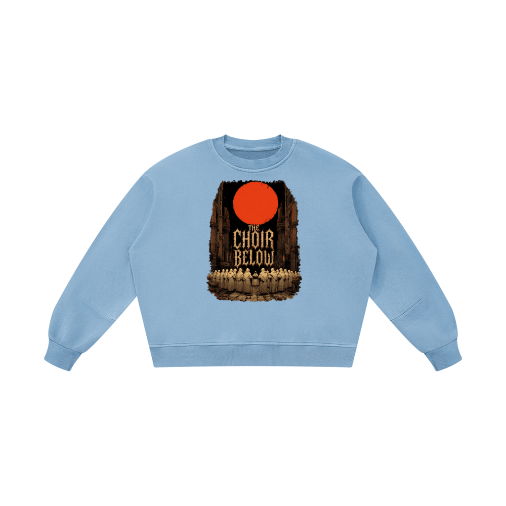 Light blue boxy vintage-washed sweatshirt, front view with hooded figures beneath a red moon and The Choir Below lettering.