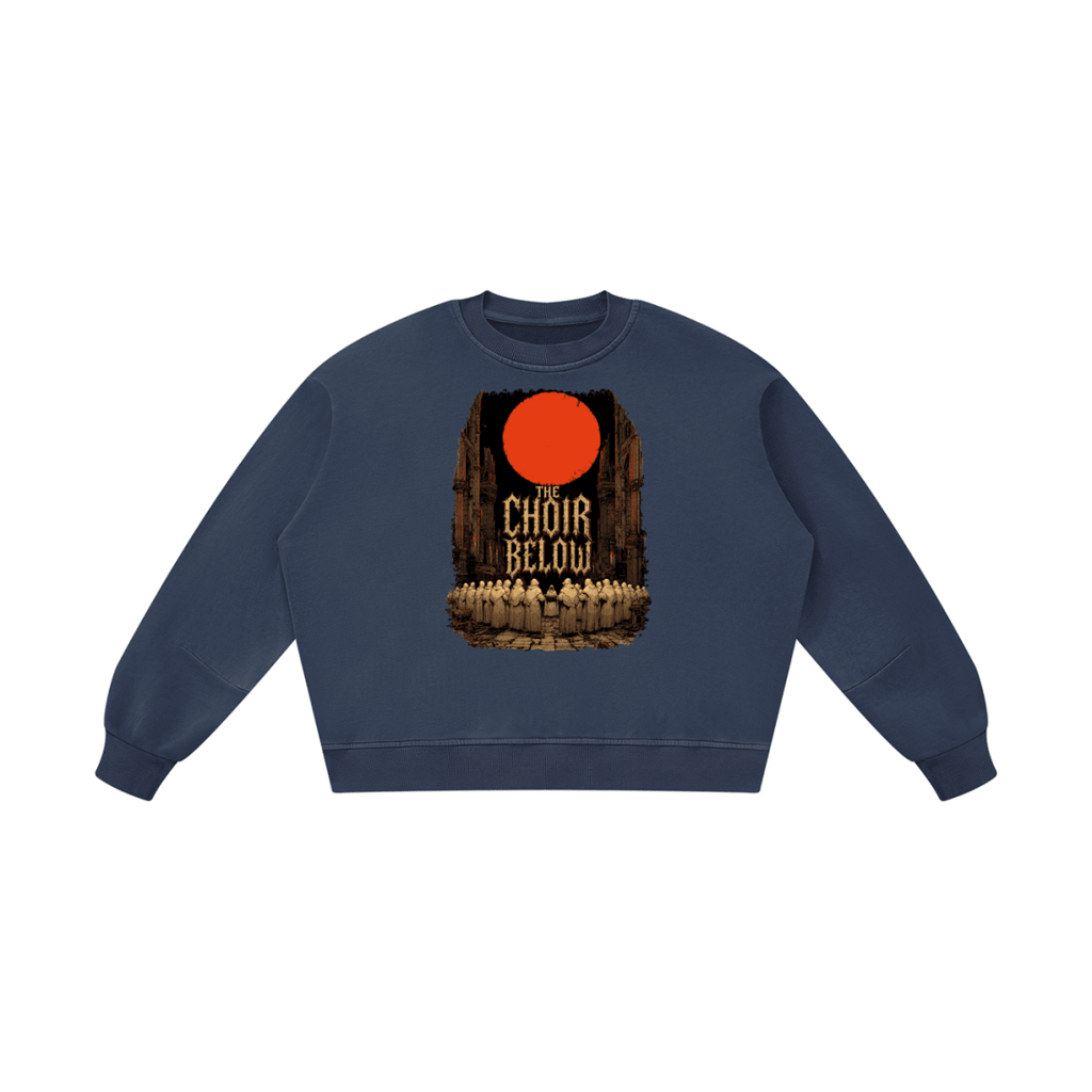 Navy blue boxy vintage-washed sweatshirt, front view with hooded figures beneath a red moon and The Choir Below lettering.
