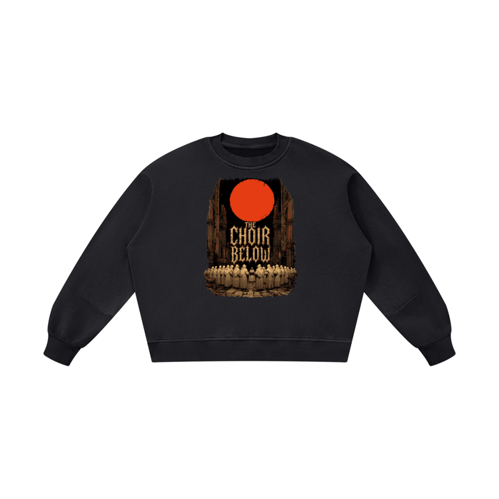 Black boxy vintage-washed sweatshirt, front view with hooded figures beneath a red moon and The Choir Below lettering.