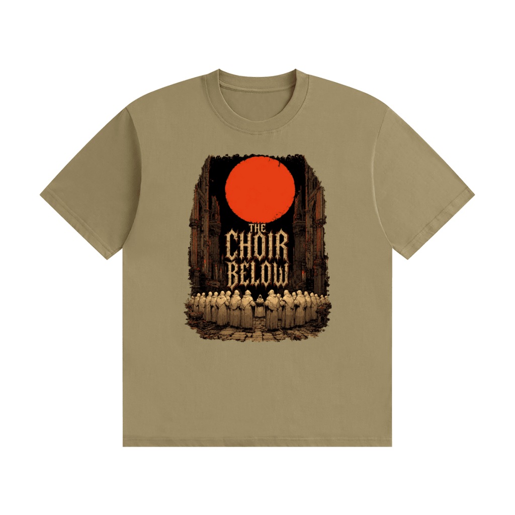 Khaki cotton T-shirt, front view with hooded figures beneath a red moon and The Choir Below lettering.