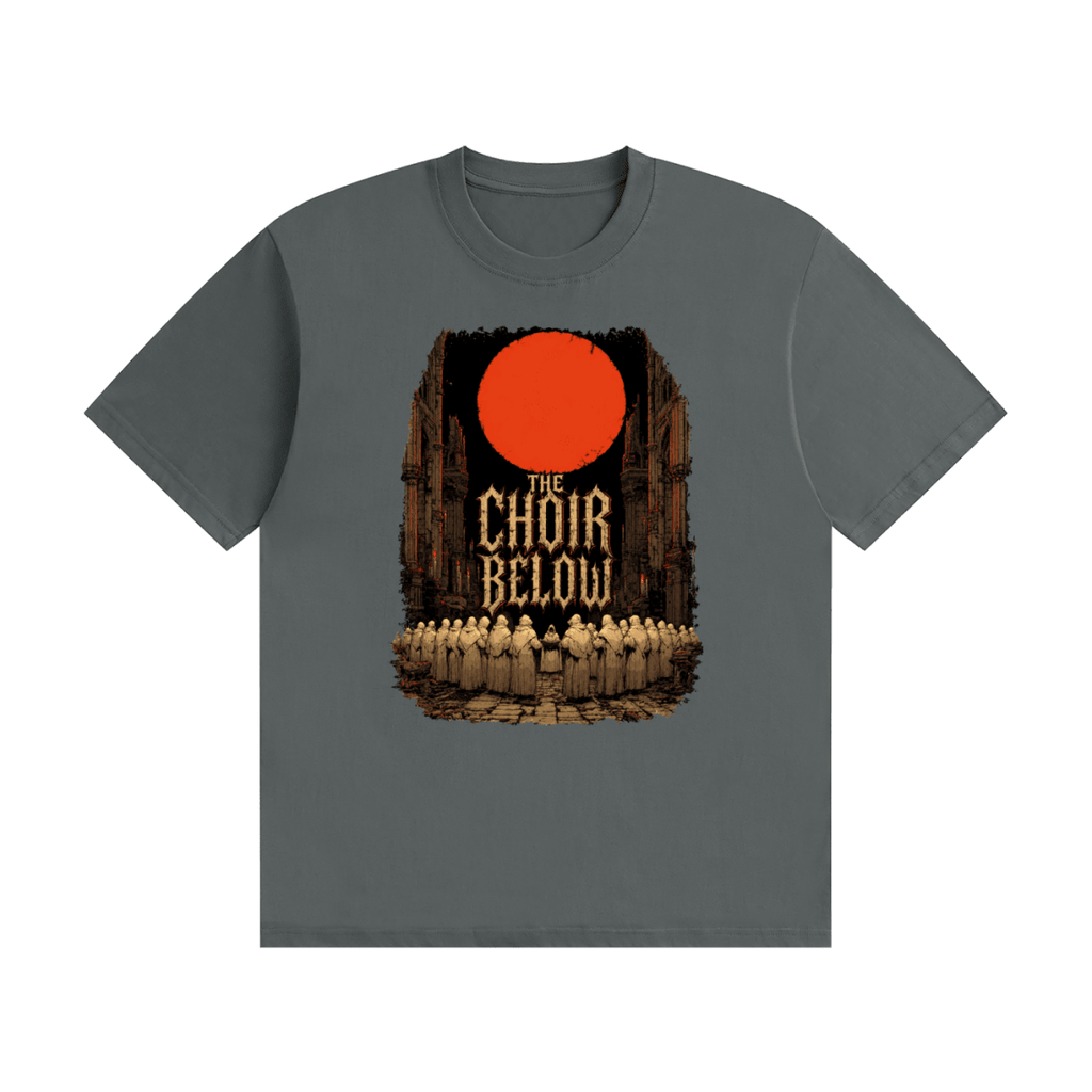 Dark gray cotton T-shirt, front view with hooded figures beneath a red moon and The Choir Below lettering.