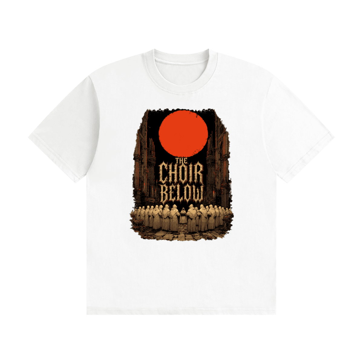 White cotton T-shirt, front view with hooded figures beneath a red moon and The Choir Below lettering.