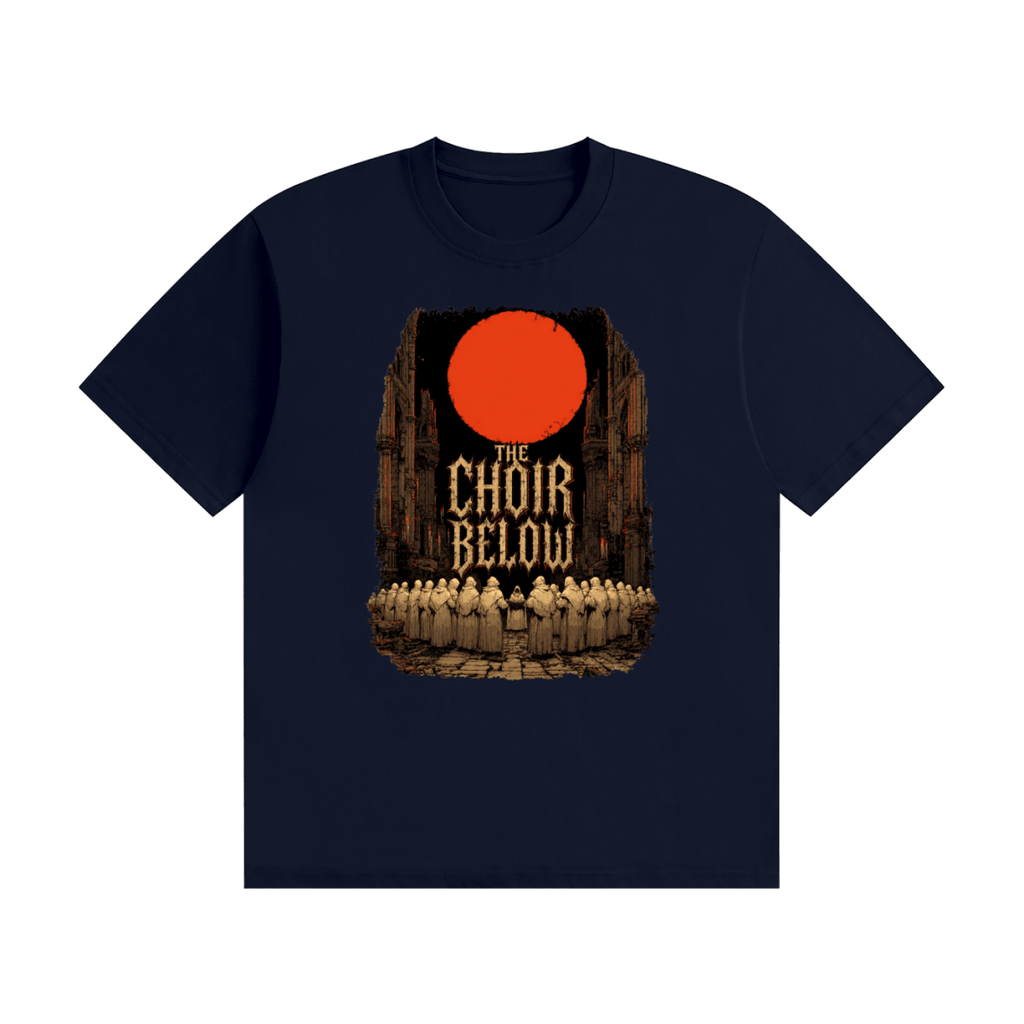 Navy blue cotton T-shirt, front view with hooded figures beneath a red moon and The Choir Below lettering.