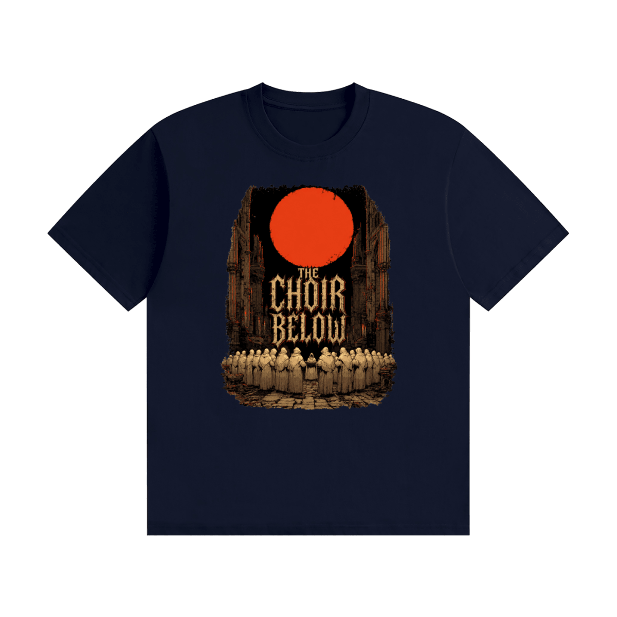Navy blue cotton T-shirt, front view with hooded figures beneath a red moon and The Choir Below lettering.