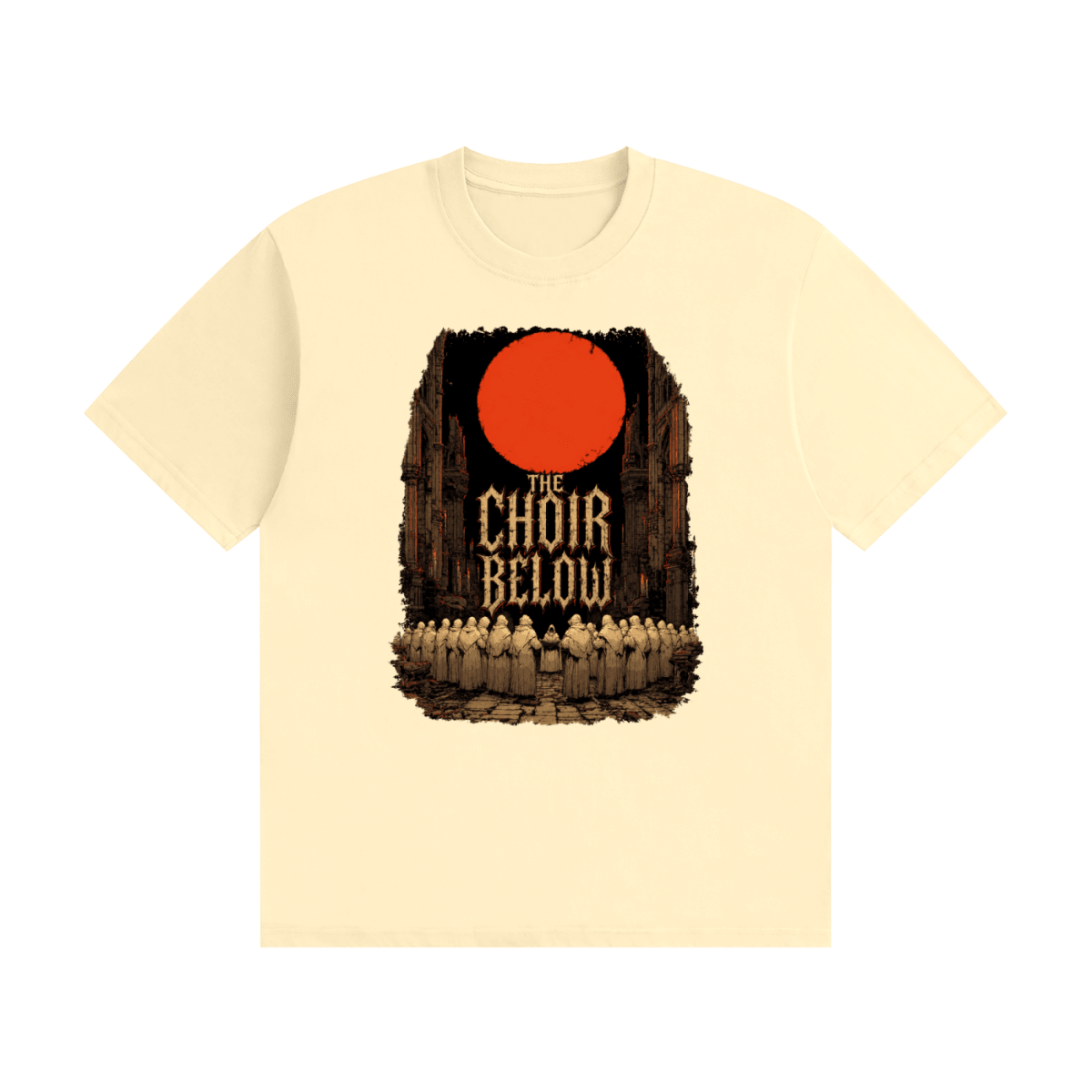 Cream cotton T-shirt, front view with hooded figures beneath a red moon and The Choir Below lettering.