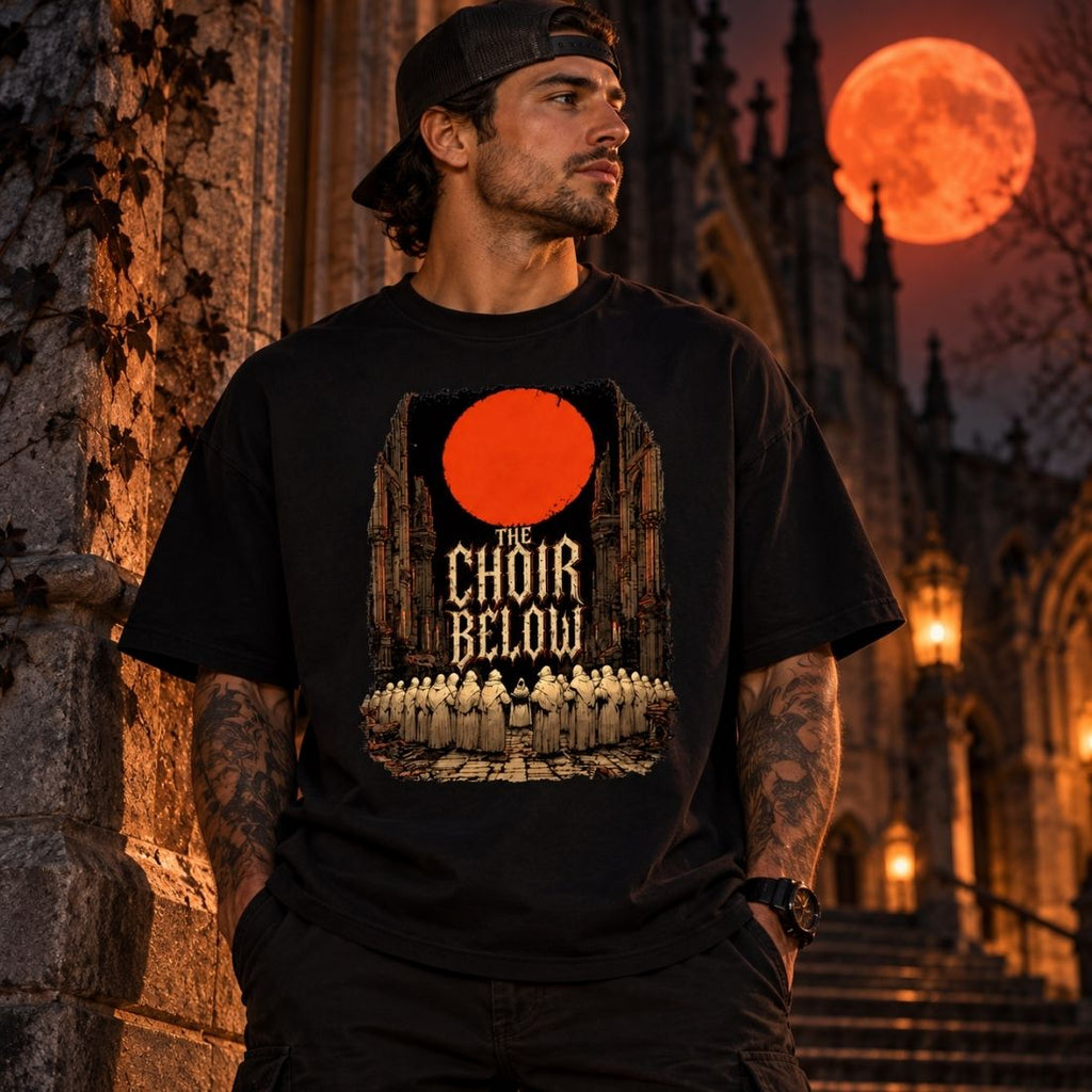 Model wearing a black The Choir Below T-shirt and backward cap beside a Gothic building under an orange moon.