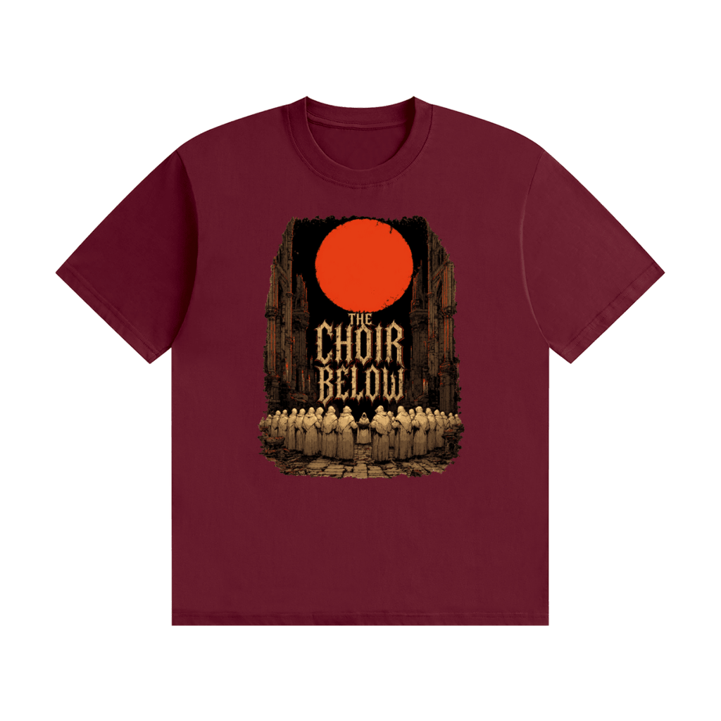 Burgundy cotton T-shirt, front view with hooded figures beneath a red moon and The Choir Below lettering.