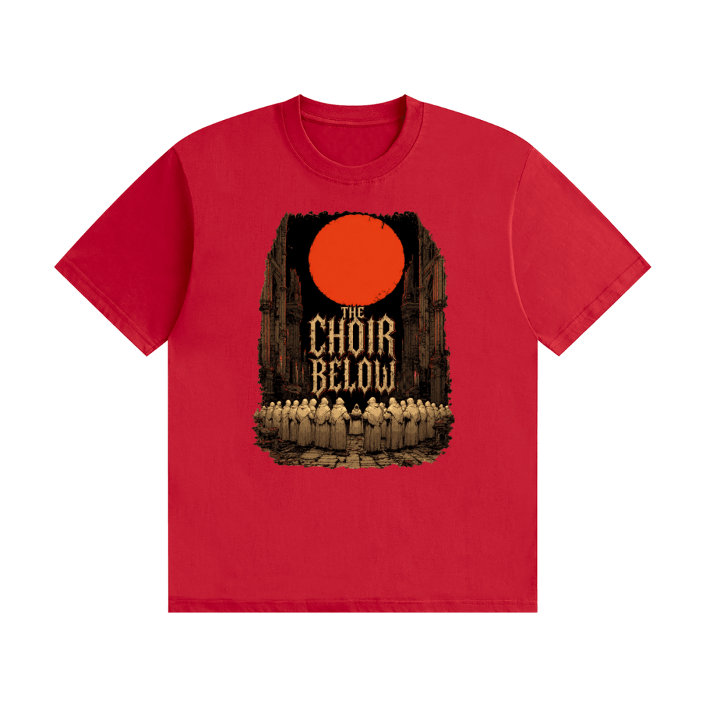 Red cotton T-shirt, front view with hooded figures beneath a red moon and The Choir Below lettering.
