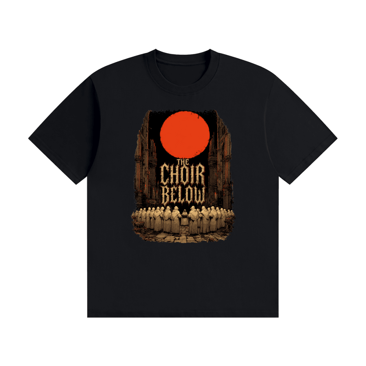 Black cotton T-shirt, front view with hooded figures beneath a red moon and The Choir Below lettering.