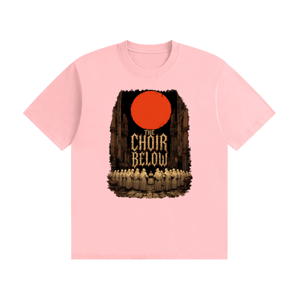 Pink cotton T-shirt, front view with hooded figures beneath a red moon and The Choir Below lettering.