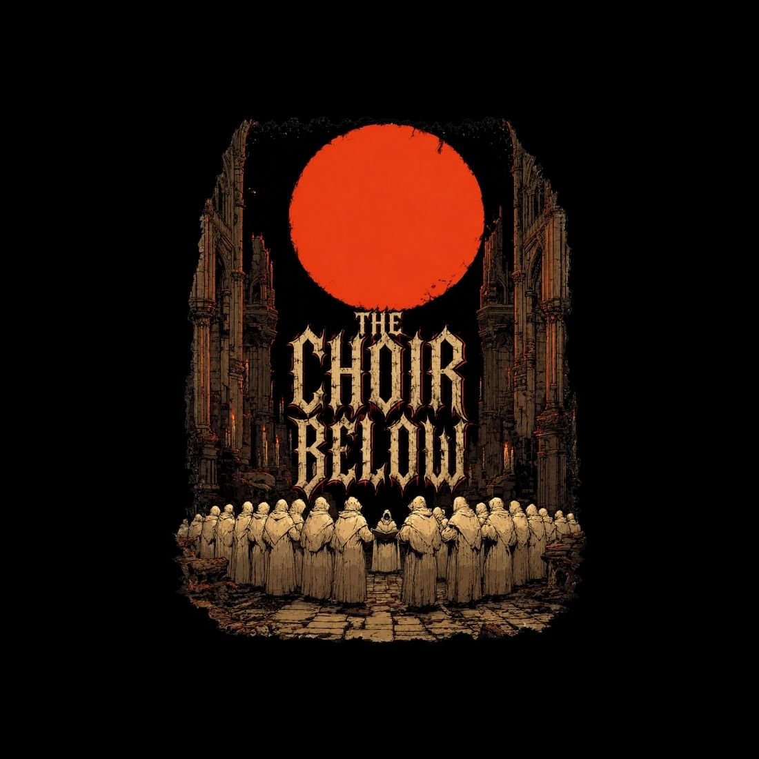 The Choir Below horror artwork with hooded figures in a stone cathedral beneath a large red moon.