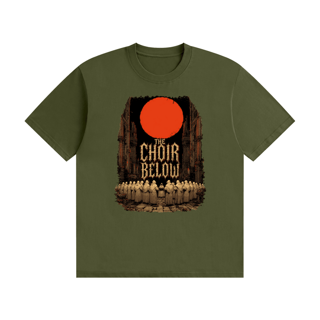 Olive green cotton T-shirt, front view with hooded figures beneath a red moon and The Choir Below lettering.