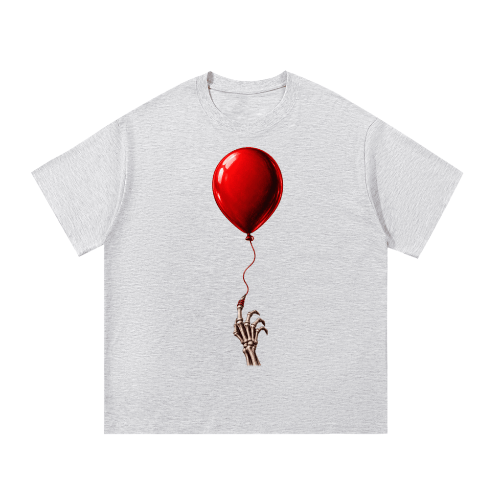 Light gray The Last Balloon cotton T-shirt, front view with a shiny red balloon tethered to a skeletal hand.