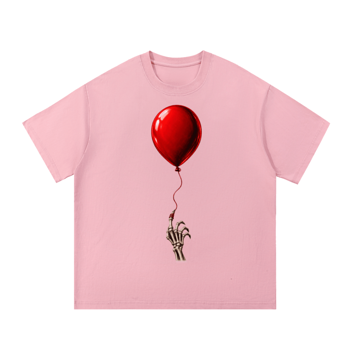 Pink The Last Balloon cotton T-shirt, front view with a shiny red balloon tethered to a skeletal hand.