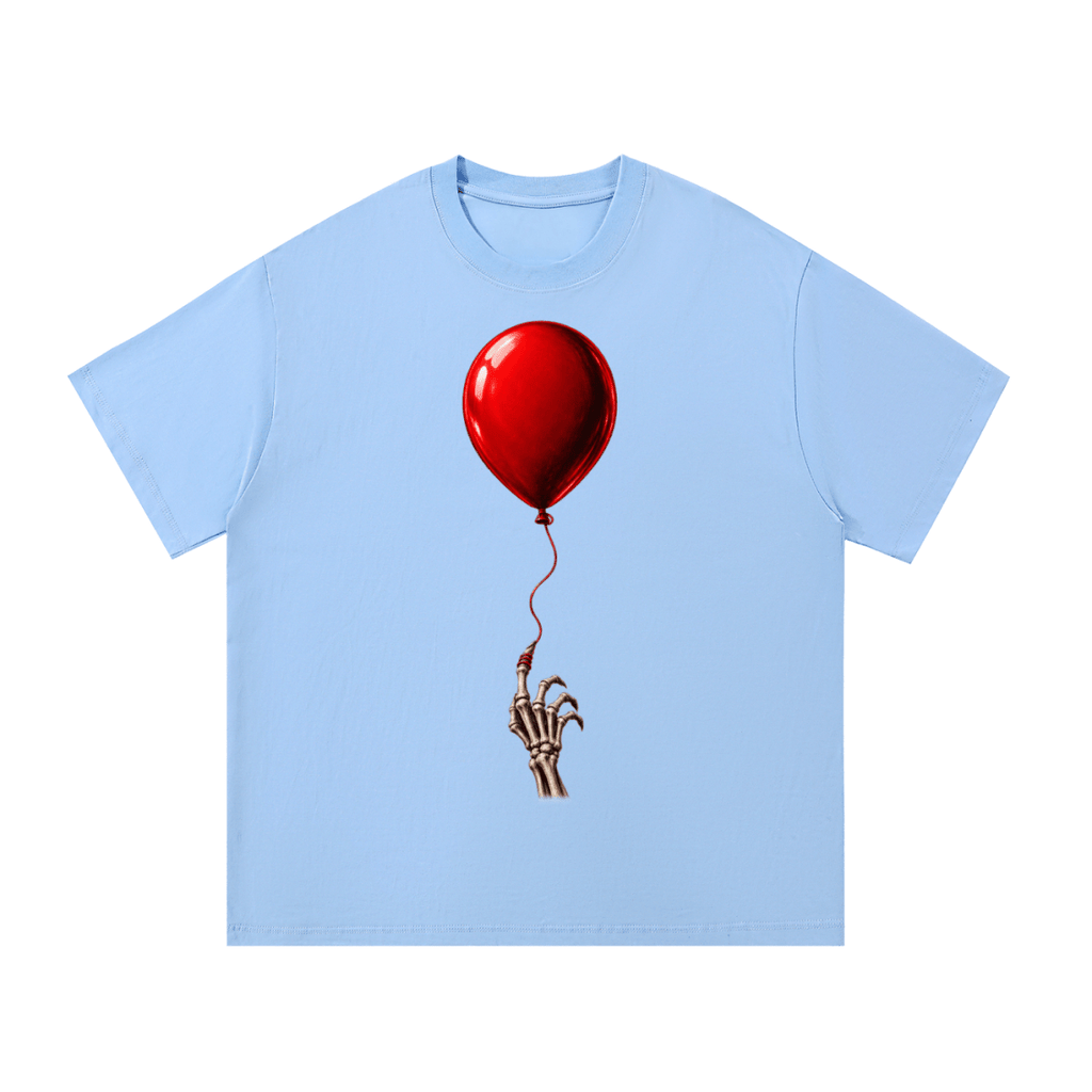 Light blue The Last Balloon cotton T-shirt, front view with a shiny red balloon tethered to a skeletal hand.