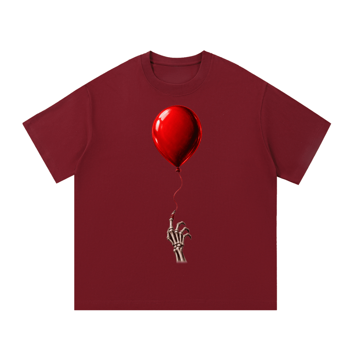 Burgundy The Last Balloon cotton T-shirt, front view with a shiny red balloon tethered to a skeletal hand.