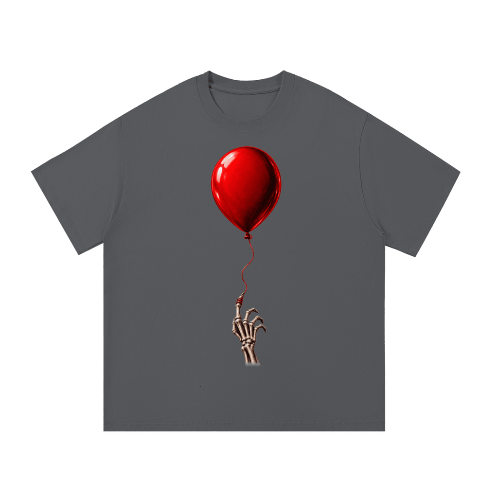 Charcoal gray The Last Balloon cotton T-shirt, front view with a shiny red balloon tethered to a skeletal hand.