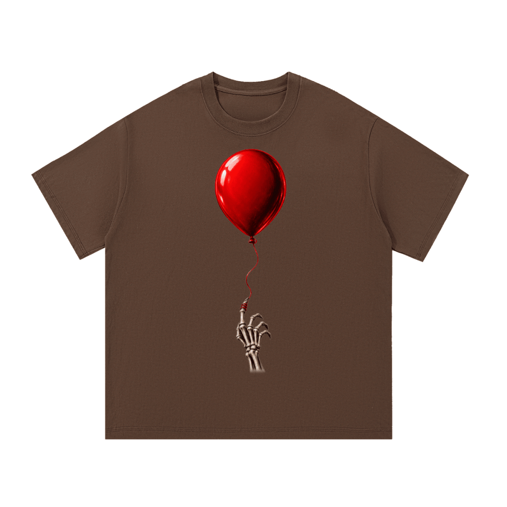 Brown The Last Balloon cotton T-shirt, front view with a shiny red balloon tethered to a skeletal hand.