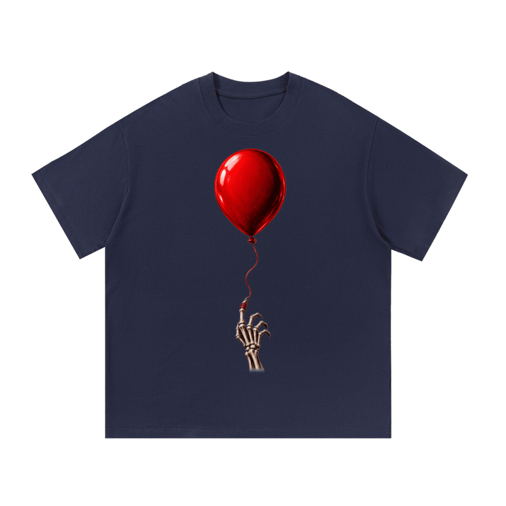Navy blue The Last Balloon cotton T-shirt, front view with a shiny red balloon tethered to a skeletal hand.