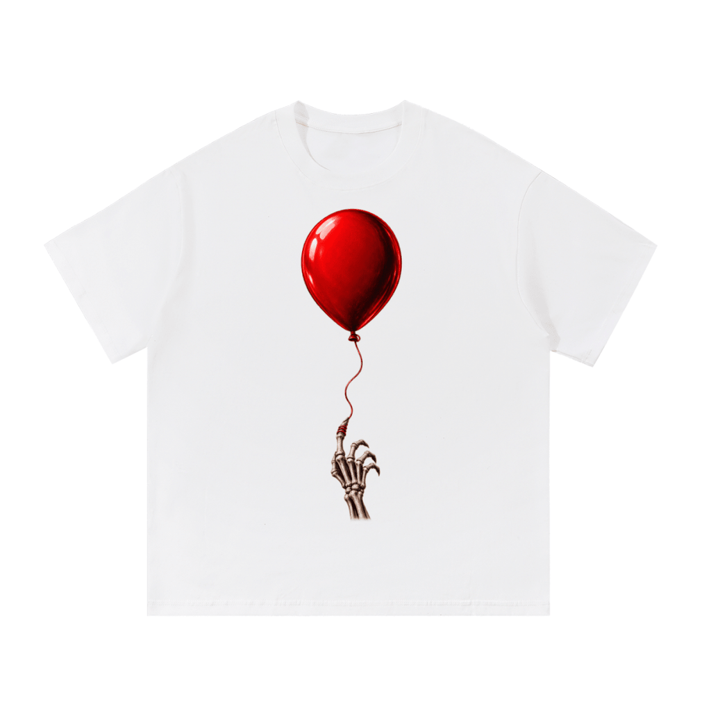 White The Last Balloon cotton T-shirt, front view with a shiny red balloon tethered to a skeletal hand.