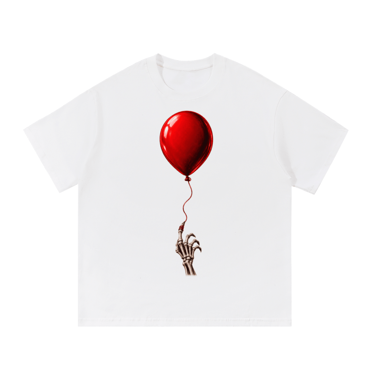 White The Last Balloon cotton T-shirt, front view with a shiny red balloon tethered to a skeletal hand.