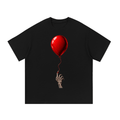 Black The Last Balloon cotton T-shirt, front view with a shiny red balloon tethered to a skeletal hand.