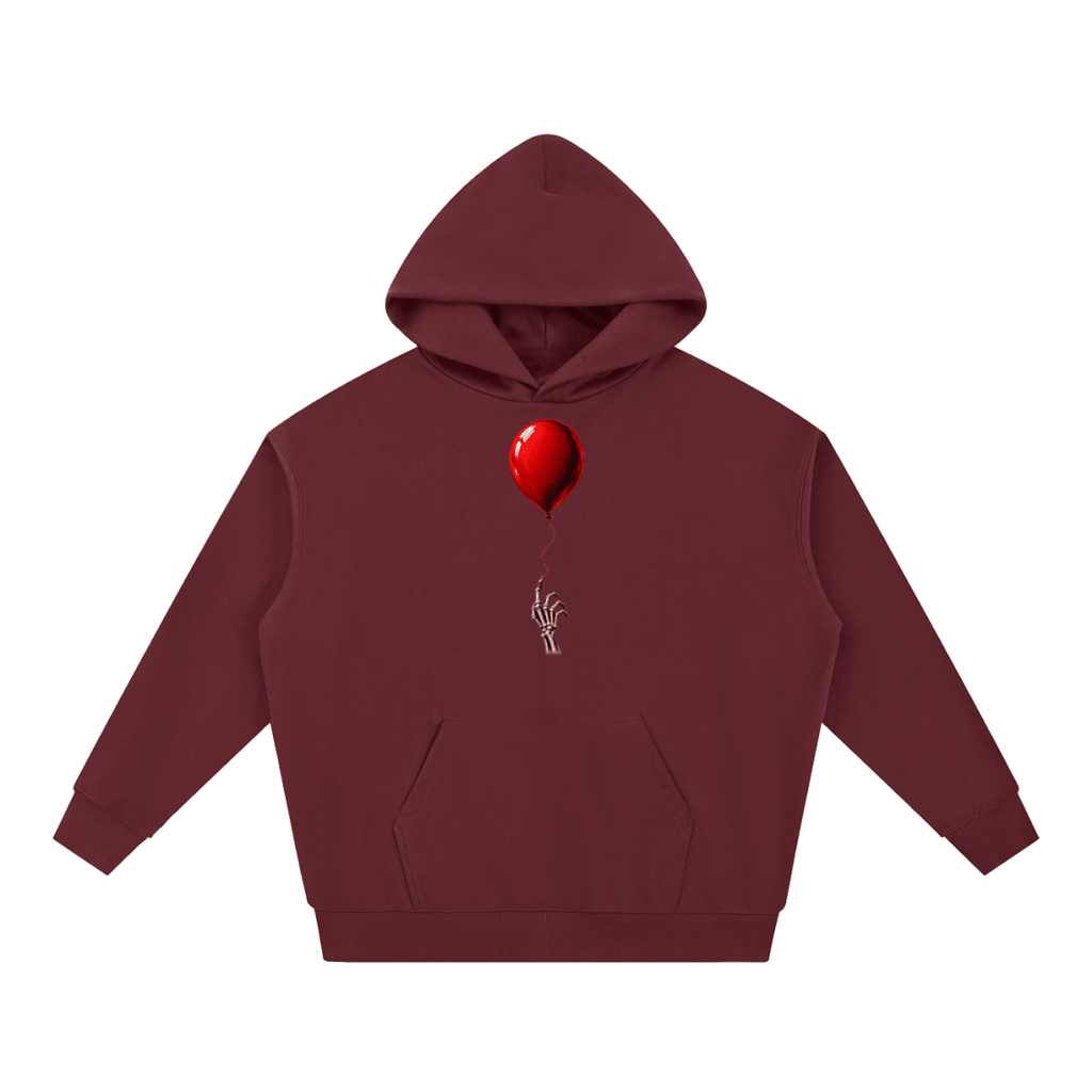 Burgundy The Last Balloon heavyweight hoodie, front view with a shiny red balloon tethered to a skeletal hand.