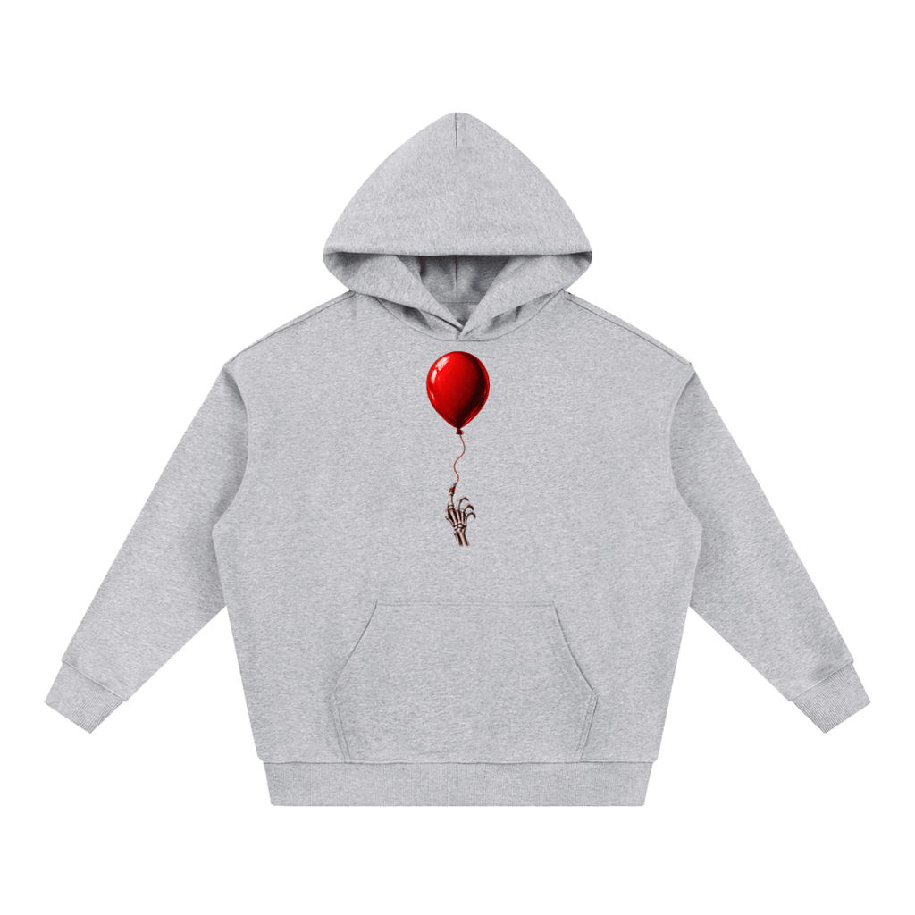 Light gray The Last Balloon heavyweight hoodie, front view with a shiny red balloon tethered to a skeletal hand.